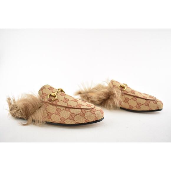Gucci Princetown Beige Canvas Original GG Fur Loafer Slide Mule Slipper Flat 35 - Picture 2 of 12